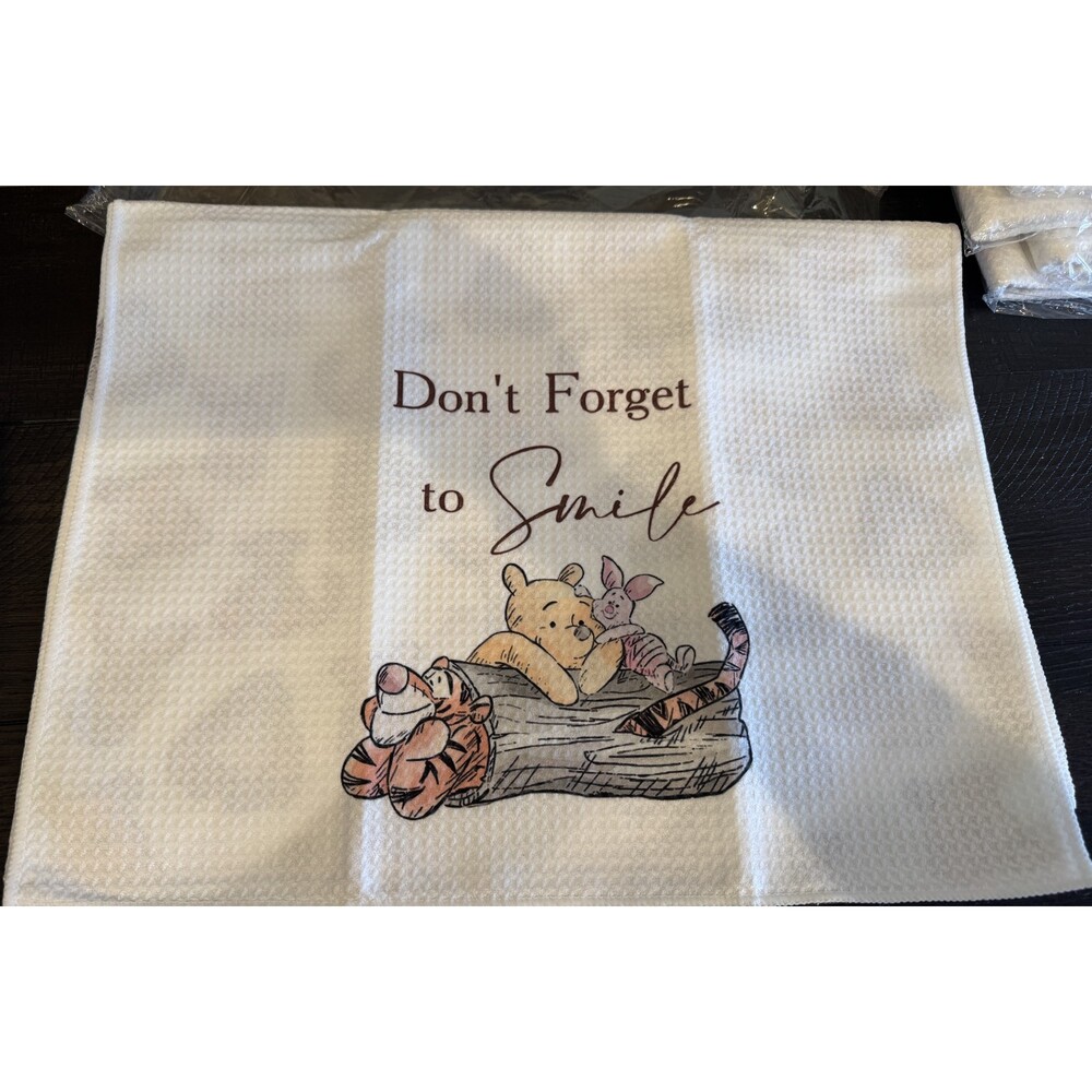 New Set (2) Winnie The Pooh Waffle Weave Dish Towels Dont Forget To Smile